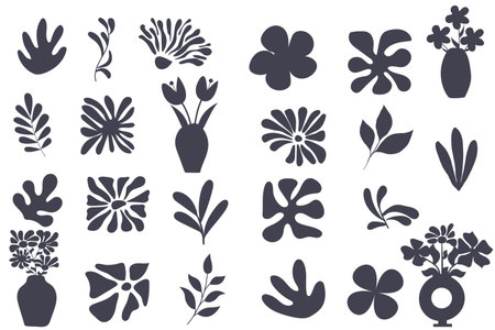 Minimalist abstract nature art shapes collection. Silhouette doodle bundle for fashion design. Modern hand drawn plant leaf and flowers decoration set. Vector design for cards, textのイラスト素材