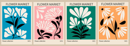 Set of abstract Flower Market posters. Trendy botanical wall arts with floral design in bright colors. Modern naive funky interior decorations. Vector art illustrationのイラスト素材