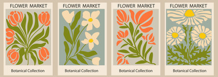 Set of abstract Flower Market posters. Trendy botanical wall arts with floral design in bright colors. Modern naive funky interior decorations. Vector art illustrationのイラスト素材
