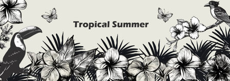Summer horizontal background with tropical flowers, birds and leaves photocopy effect grunge stippling grain messy texture. Trendy y2k aesthetic vector illustration banner, cover,のイラスト素材
