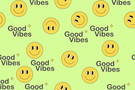 Happy smile faces seamless pattern in trendy funky y2k style. Colorful circle stickers, character icons endless background. Vector illustration in 90s graphic for fabric, print, teのイラスト素材