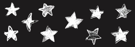 Grunge charcoal scrawl hand drawn stars, rough doodle shapes. Freehand crayon pencil starry elements. Vector illustration, scribble icon for poster, collage, banner, sticker, card,のイラスト素材