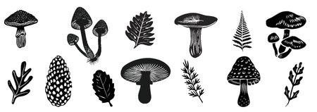 Forest mushroom, cone, leaf vector set with retro photocopy stipple effect, for grunge punk y2k collage design. Autumn nature season. Vintage halftone element brutalist design forのイラスト素材