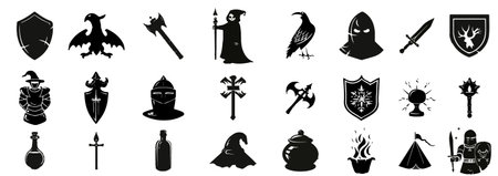 Game fantasy icon set, vector magic dungeon dragon RPG sign, medieval warrior avatar, fairytale sign. Knight sword battle, armor helmet, power weapon, witch hat, potion cauldron.のイラスト素材