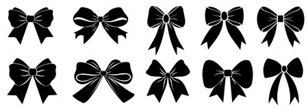 Elegant Black and White Bow Silhouette Collection. Vector Icons for Holiday, Wedding, and Gift Wrapping Decorationsのイラスト素材