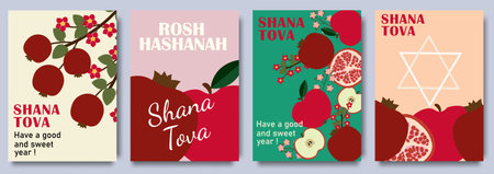 Rosh Hashanah Greeting Cards Set with Pomegranates, Apples and Star of David. Shana Tova. Judaism Shana Tova Holiday Vector Backgrounds. Festive Event Invitation Set.のイラスト素材