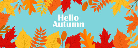 Hello autumn horizontal banner with colorful fall leaves on blue background. Seasonal design for autumn greetings and promotions. Template design for advertising, web, social mediaのイラスト素材