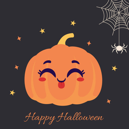Cute smiling pumpkin with stars, spider, and web for Happy Halloween greeting card. Funny pumpkin character, Jack O lantern. Retro style vector illustrationのイラスト素材