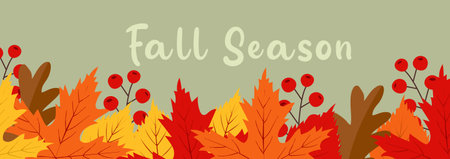 Autumn leaves and berries with fall season text on a green background for seasonal decoration. Fall season. Autumn cute cozy design elementsのイラスト素材