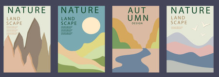 Autumn nature landscape posters, cover, card set with minimalist autumn mountain designs in earthy tones and typography design. Picture for background, card or coverのイラスト素材