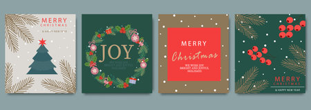Merry Christmas and Happy New Year greeting card, posters, holiday covers set with holiday wreaths, pine branches, red berries, and festive typography. Template for advertising, weのイラスト素材