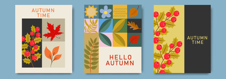 Autumn greeting card designs with colorful leaves, berries, and modern geometric patterns. Autumn...