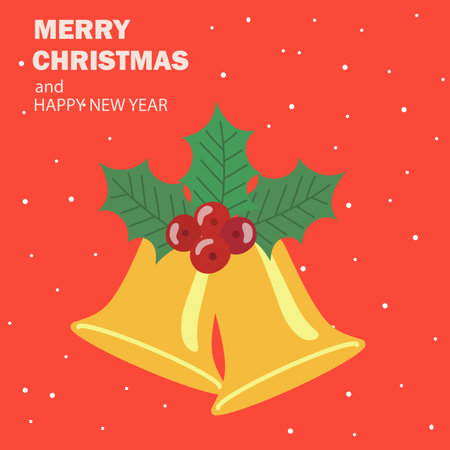Merry Christmas and Happy New Year greeting card or web banner. Modern beautiful Xmas design with Christmas bells, holly, and typography on red background. Minimal art poster, coveのイラスト素材