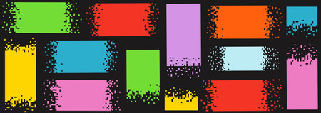 Pixel disintegration color background. Vibrant rectangles in bold colors with black grunge borders. Dispersed dotted pattern. Disintegration, pixel mosaic textures with simple squaのイラスト素材