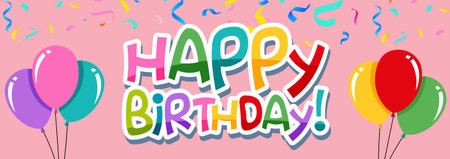 Colorful Happy Birthday design with vibrant balloons, confetti, and playful typography on a cheerful pink background. Festive banner, poster, social media templates.のイラスト素材
