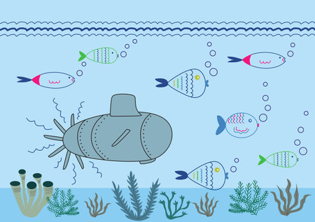 Submarine underwater concept. Marine life with fish, coral, seaweed, colorful blue ocean landscapeのイラスト素材