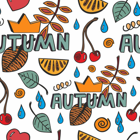Autumn illustrations doodle drawn on white seamless background.のイラスト素材
