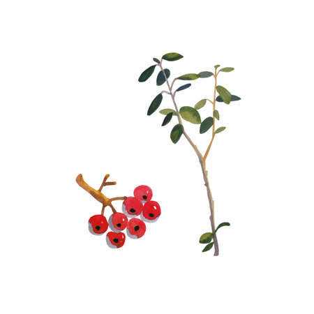 Rowanberry branch and branch with leaves and berries, watercolor illustration isolated on whiteの写真素材