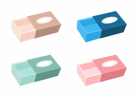 Colorful carton product box set mockup, top side view. Clear blank rectangular cardboard accessories crate mock upのイラスト素材