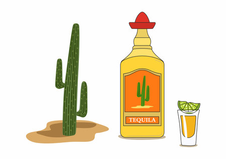 Tequila vector bottle and shot of tequila with lime on a white background. Cactus, sombrero, sandのイラスト素材