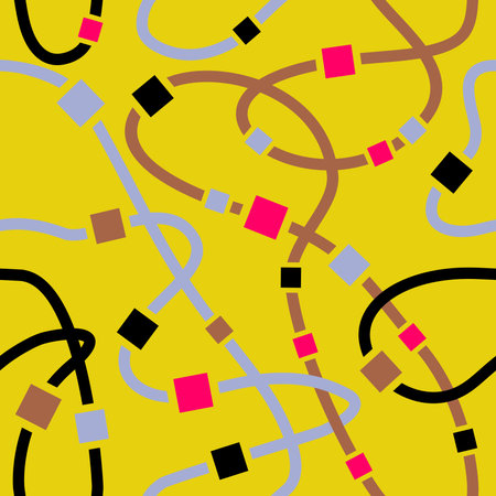 Seamless pattern with wavy lines, stripes, squares. Squares strung on a ribbon. Yellow background