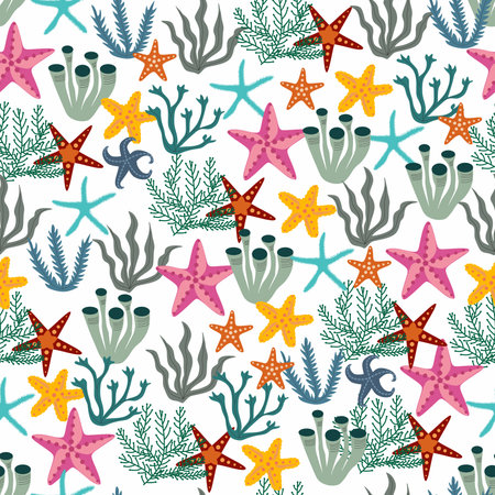 Beautiful seamless vector tropical pattern with corals, seaweed and sea starsのイラスト素材