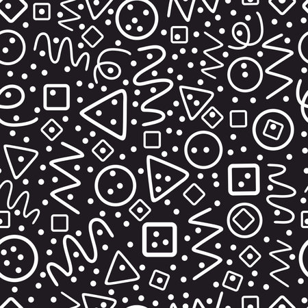 Black and white seamless pattern. Simple line doodle shapes on black backgroundのイラスト素材