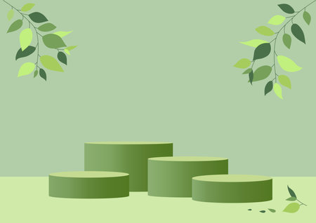 Abstract minimal scene with geometric four forms. cylinder podiums in green background with green plant leavesのイラスト素材