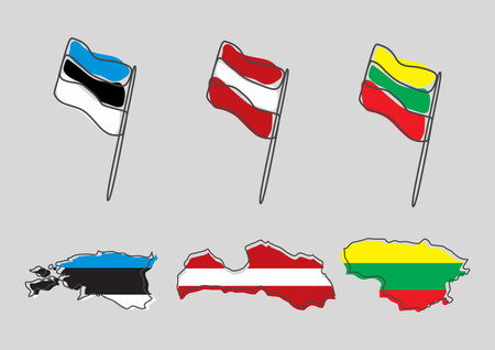 Stylized outline maps of estonia, latvia, lithuania with national flags icons. flag color map of baltic countries vector illustrationのイラスト素材
