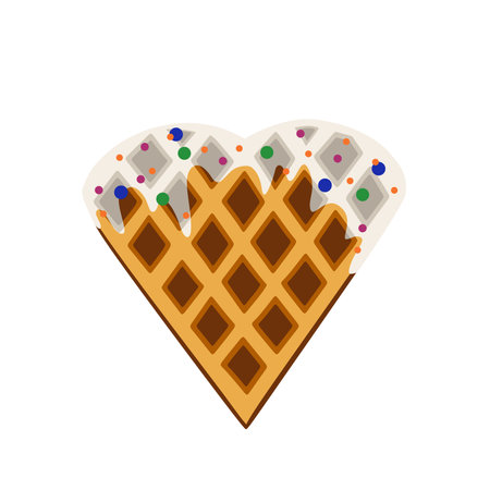 Belgian waffle in shape of heart with white chocolate. Isolated on white background. Dessert. Valentines day celebration lunchのイラスト素材