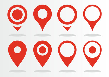 Pointer collection. Red map pins. Isolated on white backgroundのイラスト素材