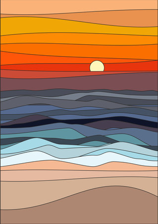 Sunset, sea, sand and sky layout design in oriental style. Japanese background with line wave pattern vectorのイラスト素材