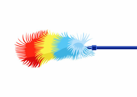 Fluffy dust colorful brush with handle. Vector illustration. House cleaning rainbow tool in cartoon style, isolated on whiteのイラスト素材