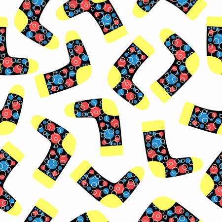 Socks isolated on white seamless background. Abstract pattern. Circles on black background. Doodle. Funny ornamentのイラスト素材