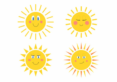 Cute suns. Sunshine emoji, cute smiling faces. Isolated funny smileys vector icons on white backgroundのイラスト素材