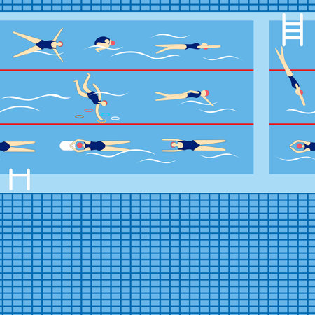 Swimmers in swimming pool. Sport professional swimming pool with lanes. people swim in public swimming poolのイラスト素材