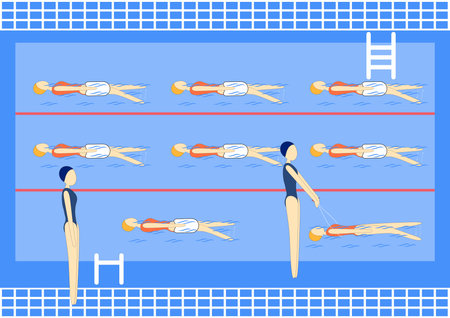 Swimmers in swimming pool. Sport professional swimming pool with lanes. People swim in public swimming poolのイラスト素材
