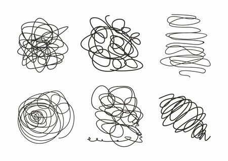 Charcoal pencil curly lines and squiggles. Scribble brush strokes vector set. Hand drawn marker scribblesのイラスト素材