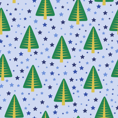 Happy New Year and Merry Christmas seamless pattern. Stars and trees. Forest and sky. Winter timeのイラスト素材