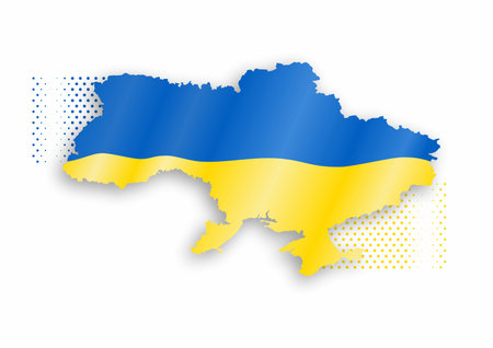 Ukraine map with waving flag of Ukraine. Ukraine map silhouette with flag on white background. Blue and yellow.のイラスト素材