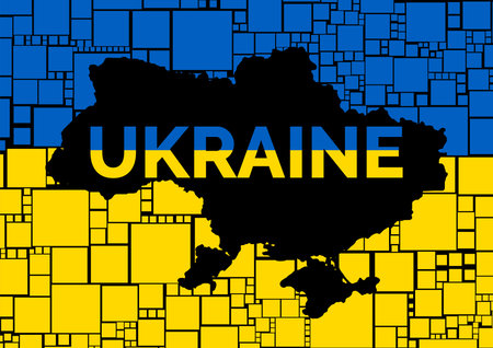 Black Ukraine map with word Ukraine in flag background. Square formsの写真素材