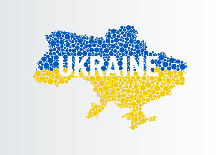 Vector random doted map of Ukraine. Dotted pixelated map of Ukraine in national blue and yellow colors of Flag of Ukraine.のイラスト素材
