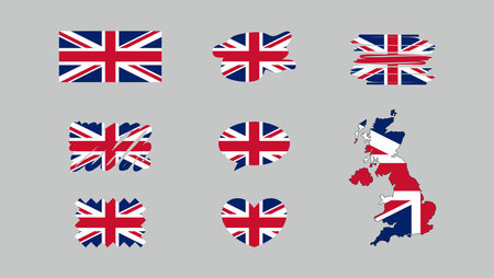 United Kingdom flags set. Various designs on gray background. Map. World flags. Collection of national symbolsのイラスト素材