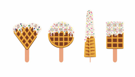 Sweet food and dessert food, vector set illustration of golden brown homemade corn dog waffle on a stick in various flavors decorations and white chocolate. Collection or group. White chocolate. Heartのイラスト素材