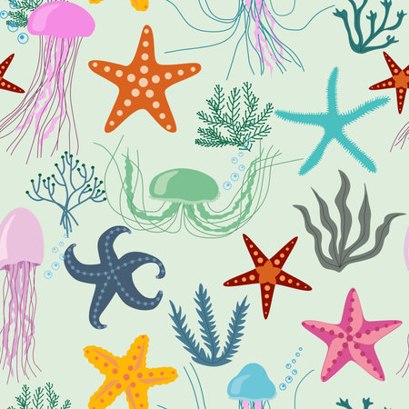 Seamless vector pattern with jellyfishes, seaweeds and seastars. Cute texture for fabric, wrapping, textile, wallpaper, apparel.のイラスト素材