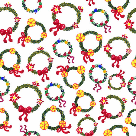 Christmas seamless pattern with watercolor wreathsの写真素材