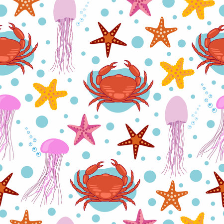 Sea animals on white vector background. Seamless pattern. Crab, jellyfish and seastars isolated on whiteのイラスト素材