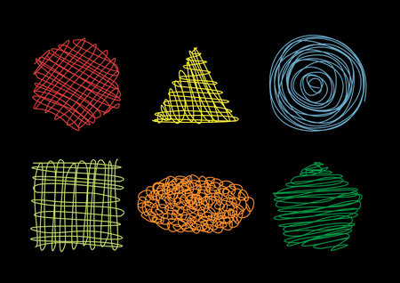 Vector set of hand drawn scribbles backgrounds. Different geometric shapes. Colorful on black backgroundのイラスト素材