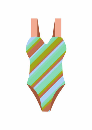 Female one-piece swimsuit. Stylish strapped swimwear. Striped swim clothes. Flat colorful vector illustration isolated on white background.のイラスト素材
