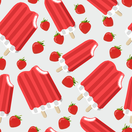 Frozen strawberry double ice cream icons vector illustration with strawberries. Seamless pattern. Gray backgroundのイラスト素材